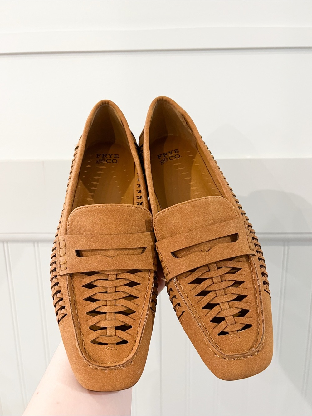 FRYE AND CO. Tan Woven Suede Penny Loafers